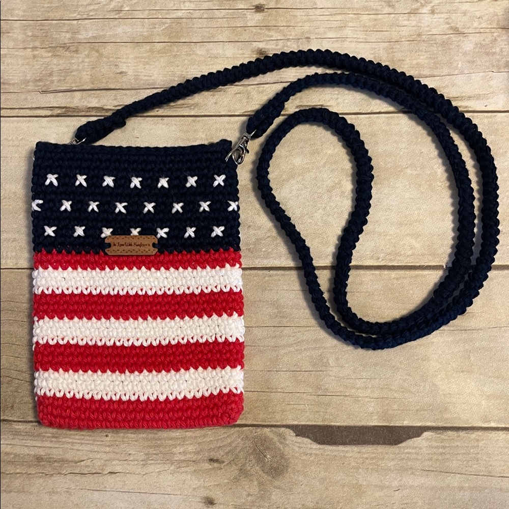 Womens Crossbody Lined Crochet Phone Bag Purse - 4th of July - USA flag